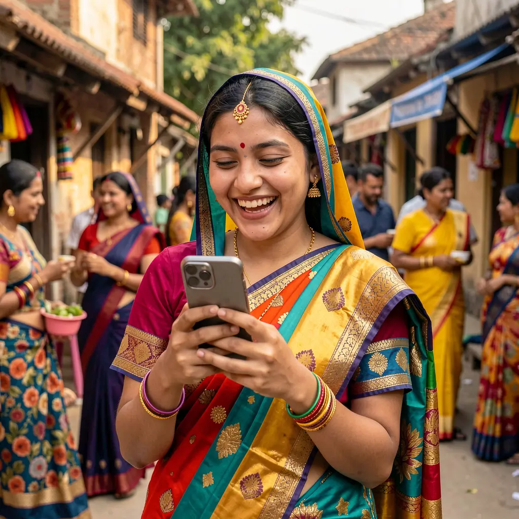 Stylish Bangladeshi woman enjoying the FF222 mobile casino app while checking her smartphone in a busy urban setting