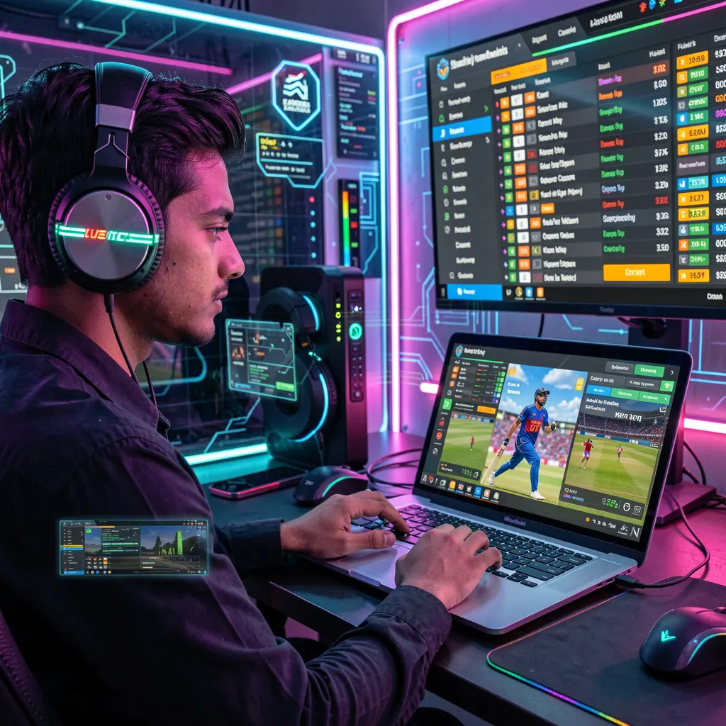 Focused Bangladeshi bettor wearing headphones using a laptop with the FF222 betting interface in a colorful neon cyber betting environment
