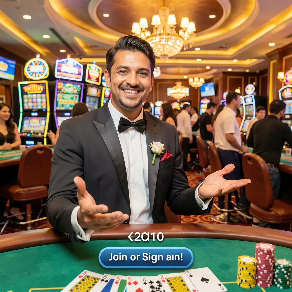 Smiling Bangladeshi casino host welcoming players at a vibrant gaming table with cards and chips inside the FF222 casino